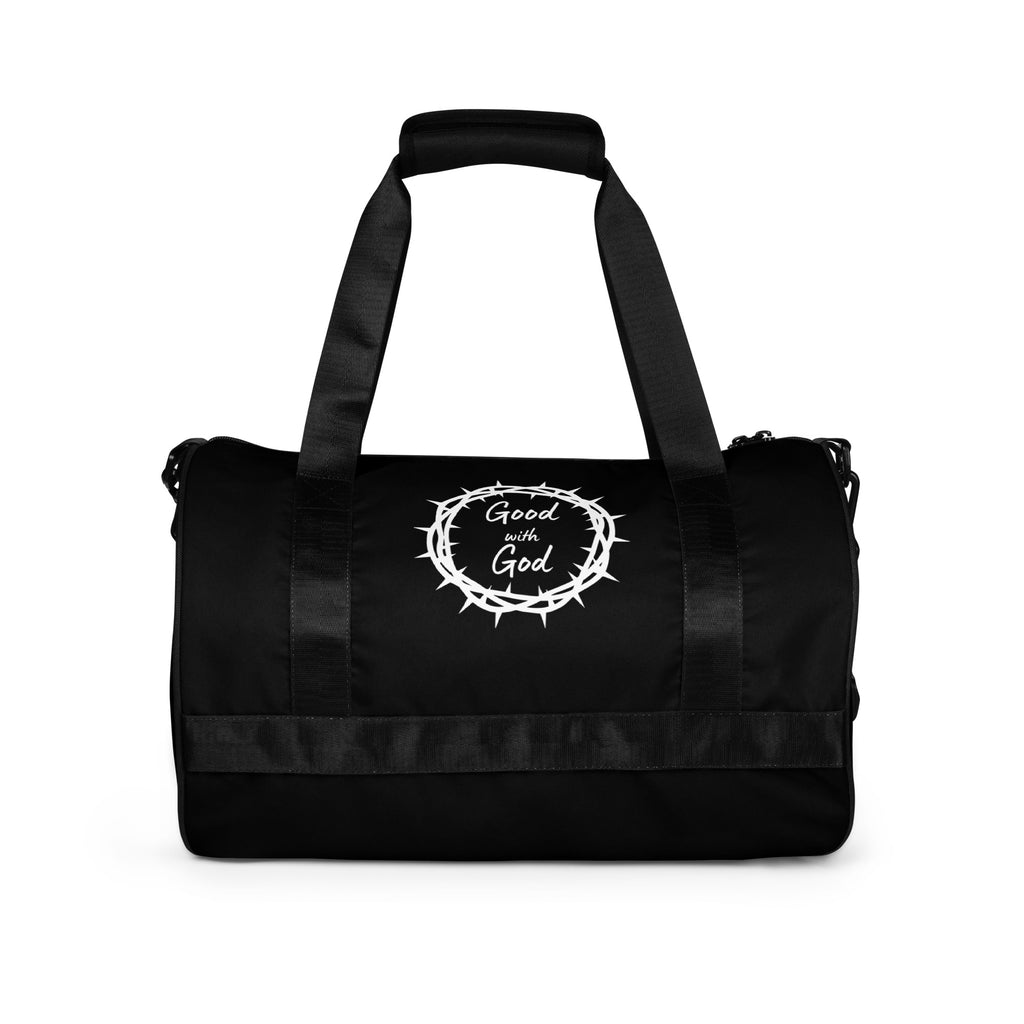 Black duffel bag with white 'Good with God' logo on a black background