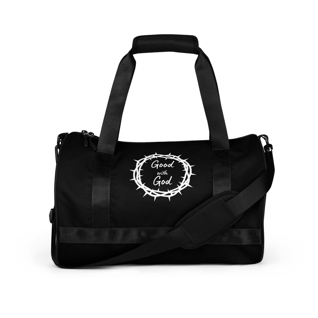 Black duffel bag with white 'Good with God' logo on a black background