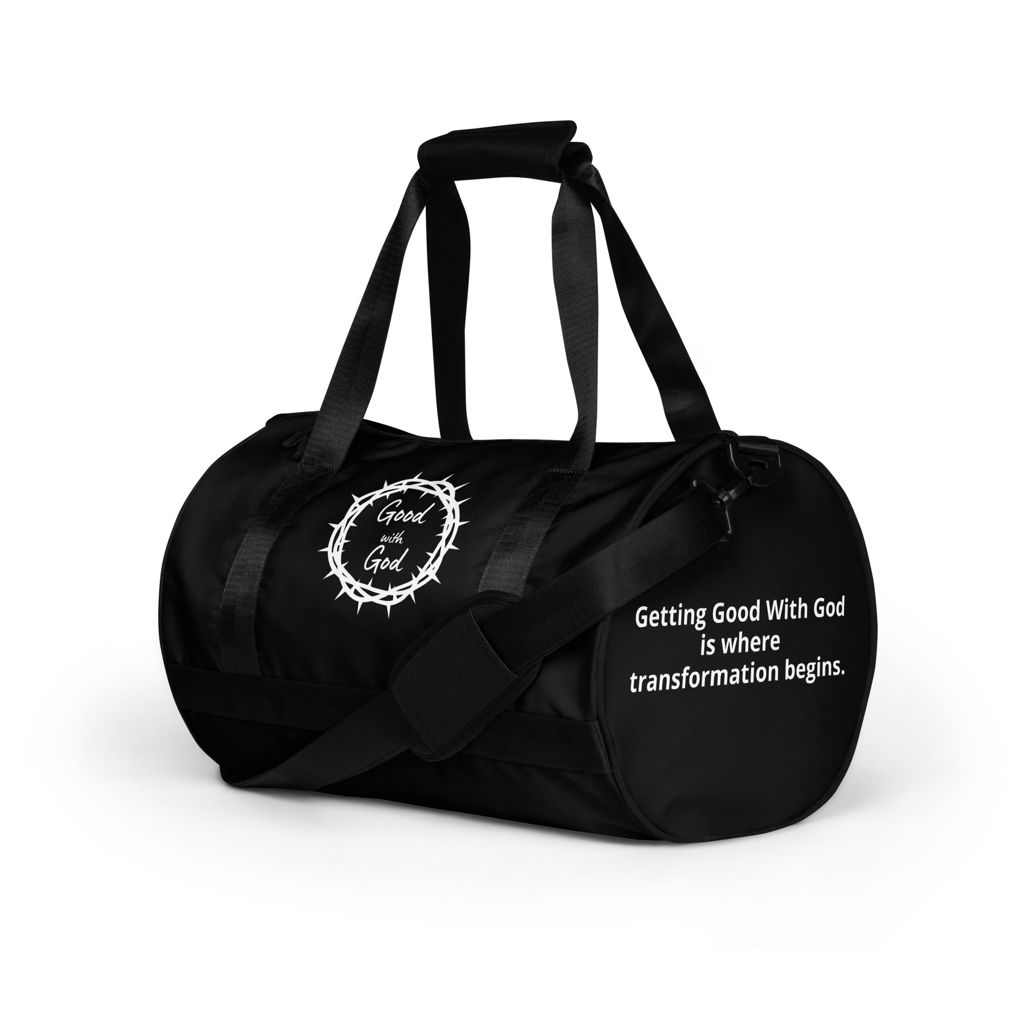 Left side view Black duffel bag with white 'Good with God' logo on a black background