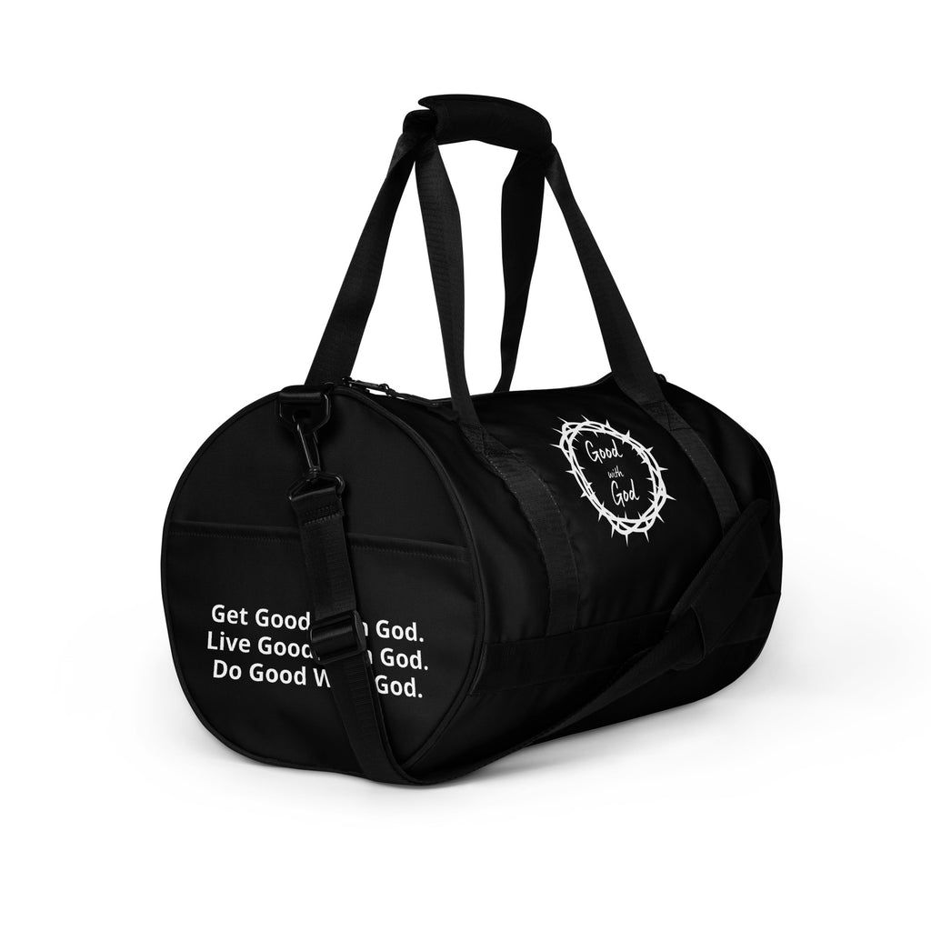 right side view Black duffel bag with white 'Good with God' logo on a black background