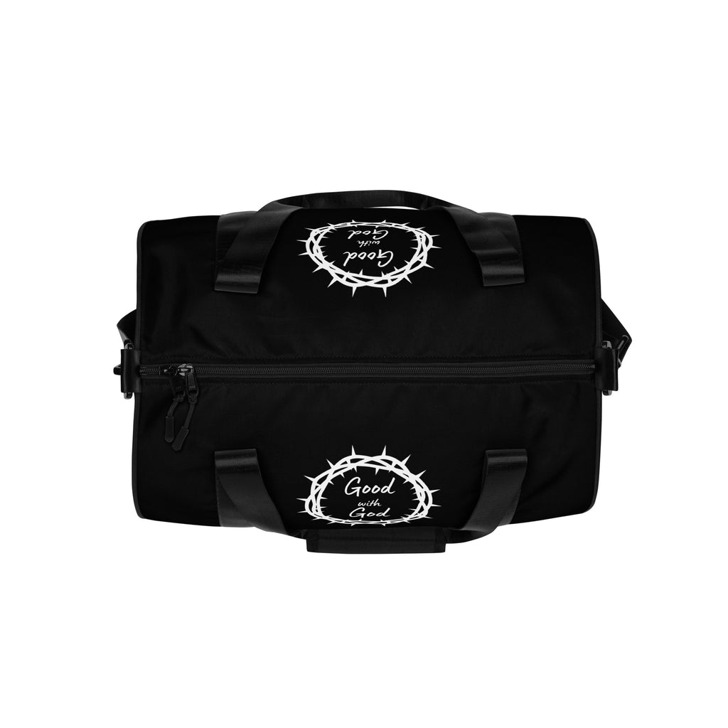 top view Black duffel bag with white 'Good with God' logo on a black background