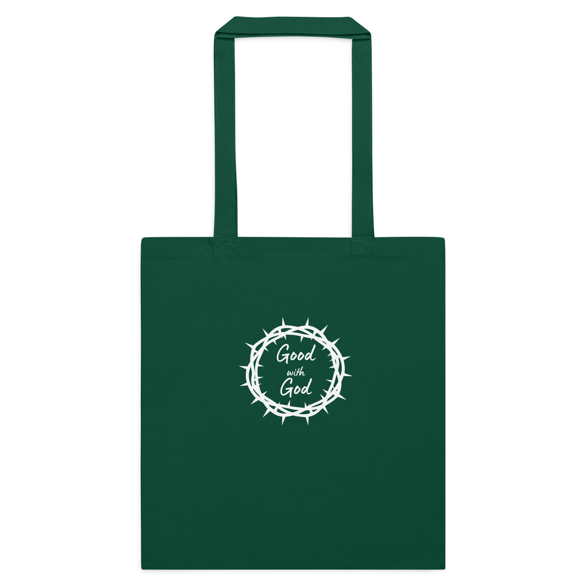 A dark green canvas tote bag with two handles, featuring a white graphic in the center of a thorny crown of thorns enclosing the words 'Good with God'.