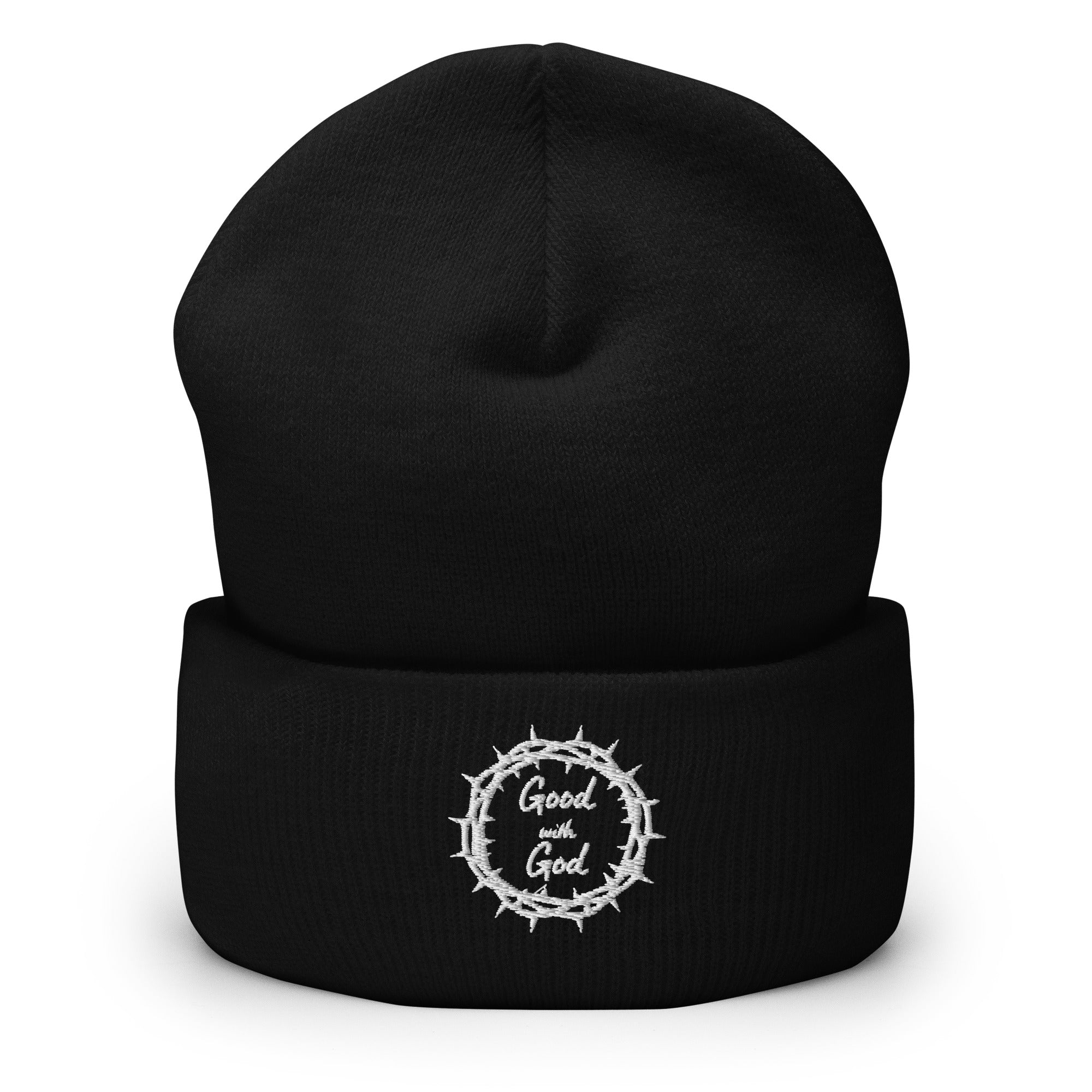 Black beanie with a white logo on a white background