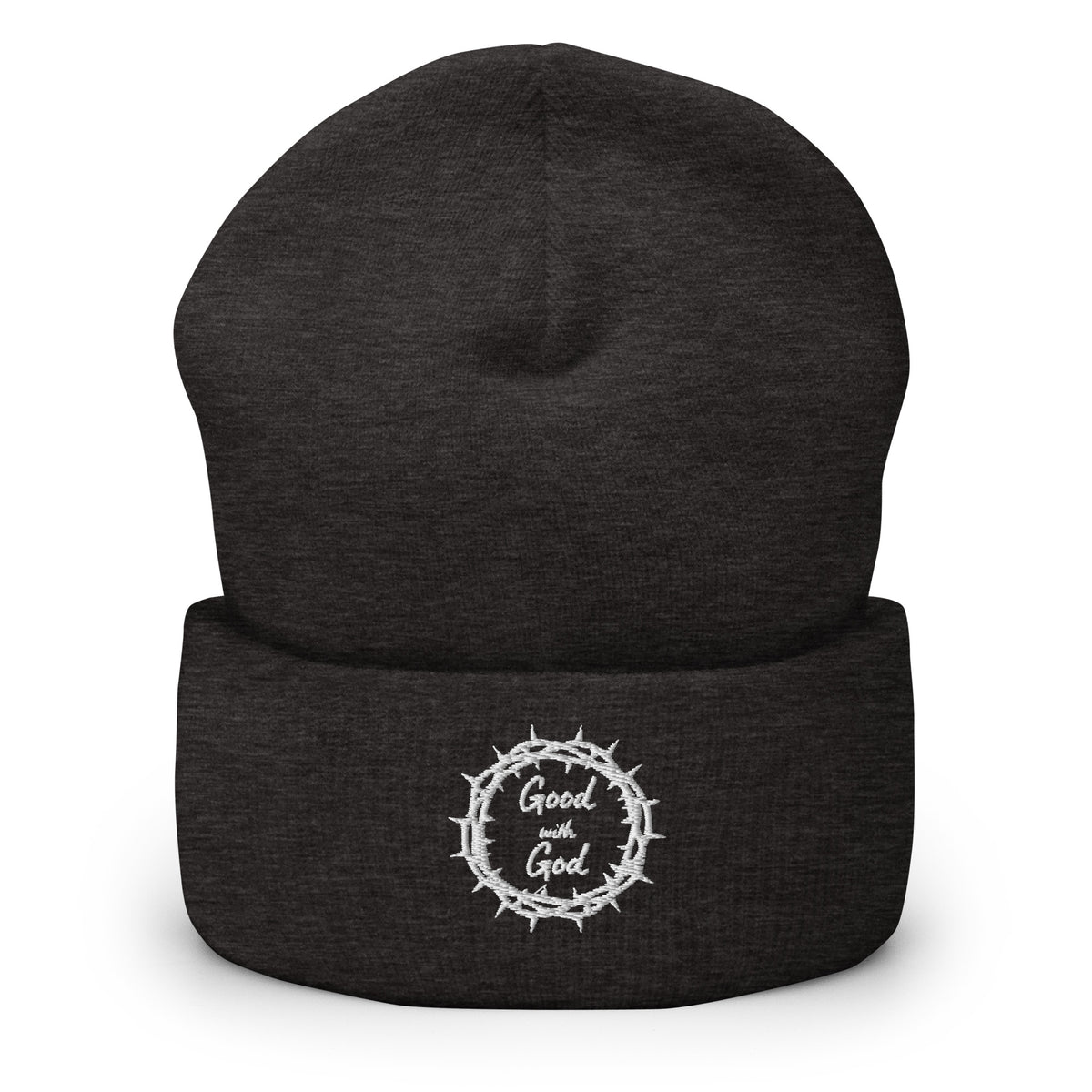 Grey beanie with a white "Good with God" logo on a white background