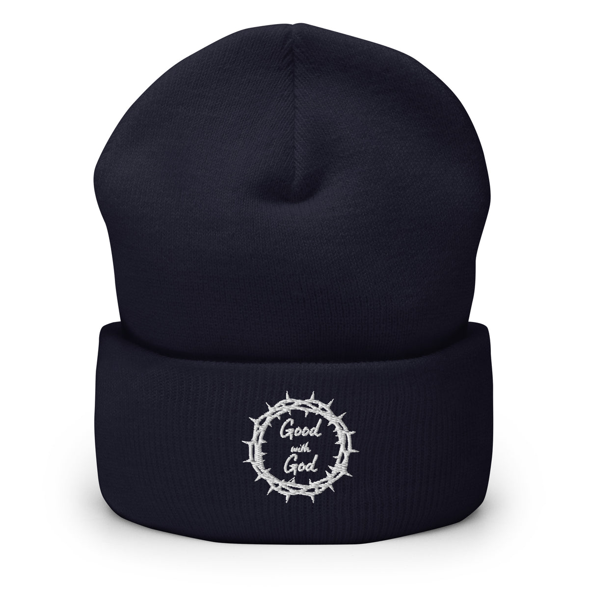 Navy beanie with a white "Good with God" logo on a white background