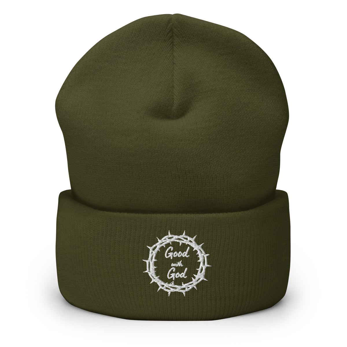 Green beanie with a white "Good with God" logo on a white background