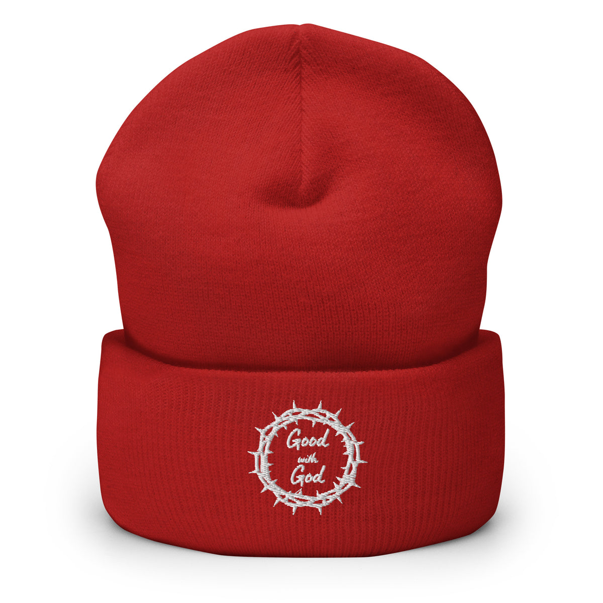 Red beanie with a white "Good with God" logo on a white background