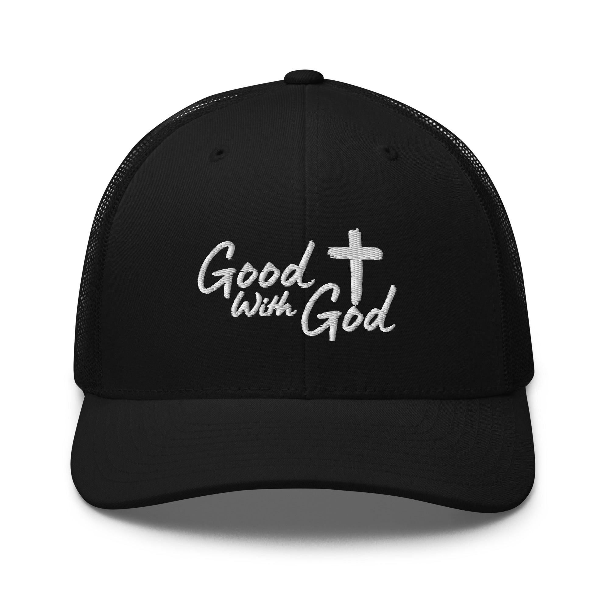 Black Yupoong 6606 retro trucker hat with white embroidered Good With God Christian logo and cross on structured front panel.