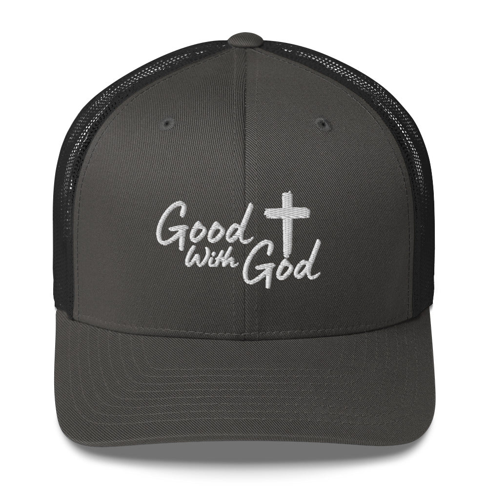 Gray & black Yupoong 6606 retro trucker hat with white embroidered Good With God Christian logo and cross on structured front panel.