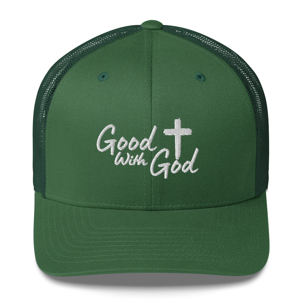 Green Yupoong 6606 retro trucker hat with white embroidered Good With God Christian logo and cross on structured front panel.
