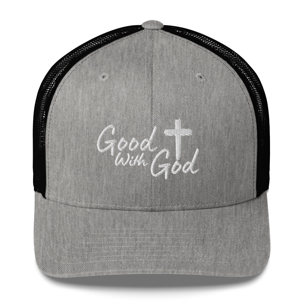 Gray & Black mesh Yupoong 6606 retro trucker hat with white embroidered Good With God Christian logo and cross on structured front panel.