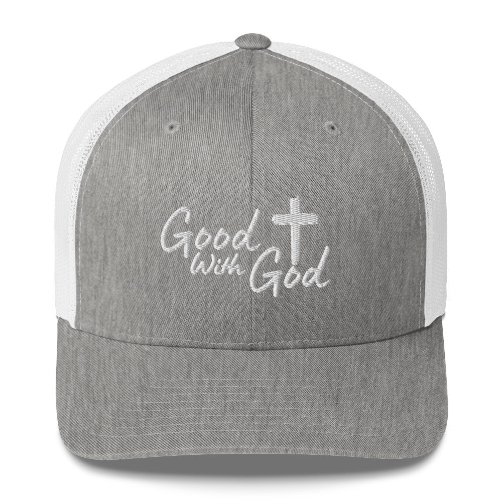 Gray & white mesh Yupoong 6606 retro trucker hat with white embroidered Good With God Christian logo and cross on structured front panel.
