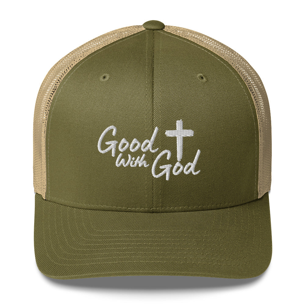 Olive Yupoong 6606 retro trucker hat with white embroidered Good With God Christian logo and cross on structured front panel.