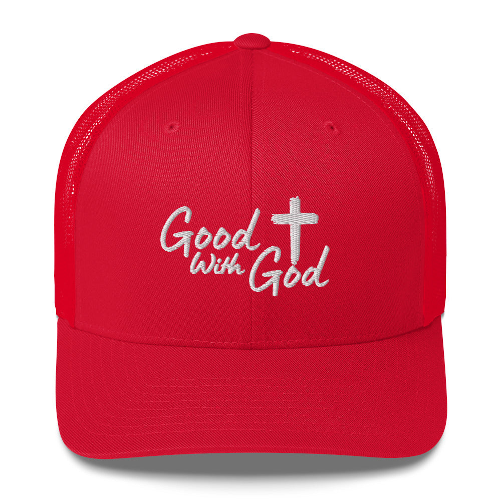 Red Yupoong 6606 retro trucker hat with white embroidered Good With God Christian logo and cross on structured front panel.