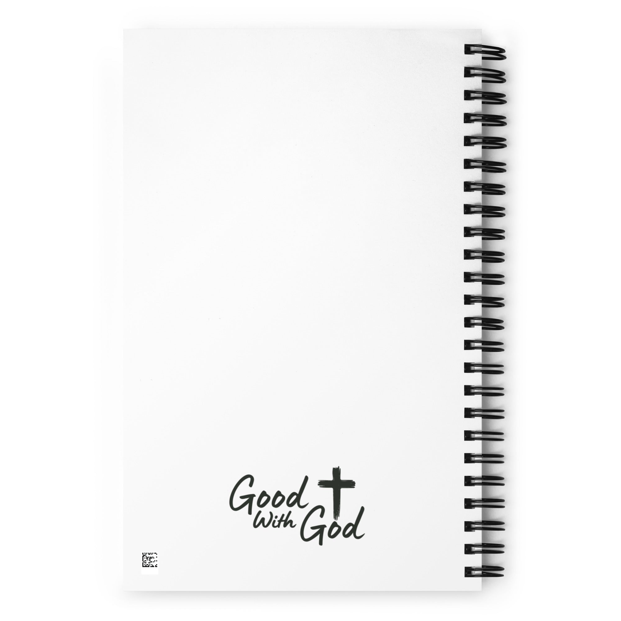 White notebook with black spiral binding and 'Good with God' logo on a white background