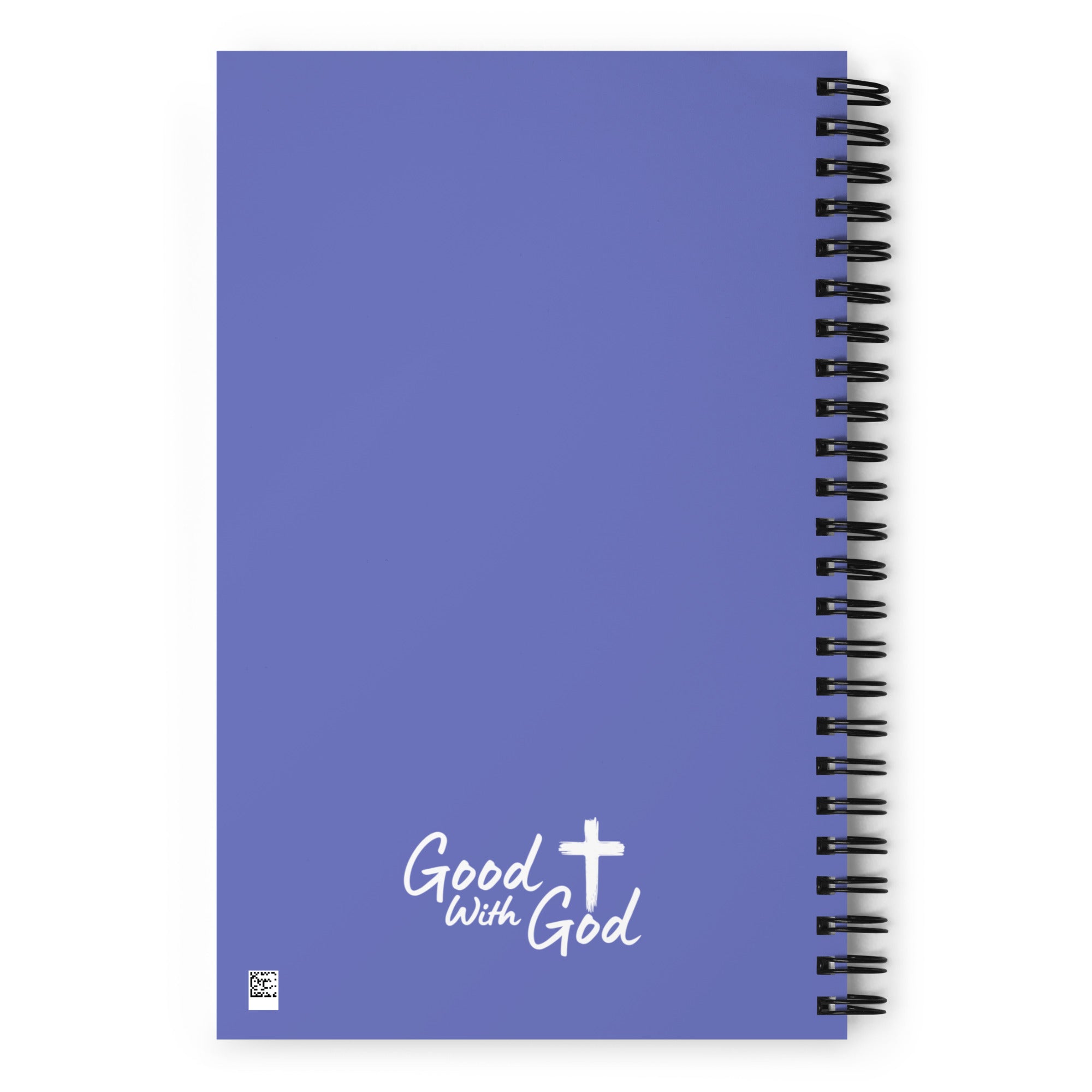 A blue-purple spiral notebook with a black wire binding and the words 'Good with God' printed in white near the bottom, shown on a plain white background.