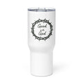A white insulated travel tumbler with a clear lid, featuring a black graphic of a crown of thorns surrounding the words 'Good with God' in a circular design.