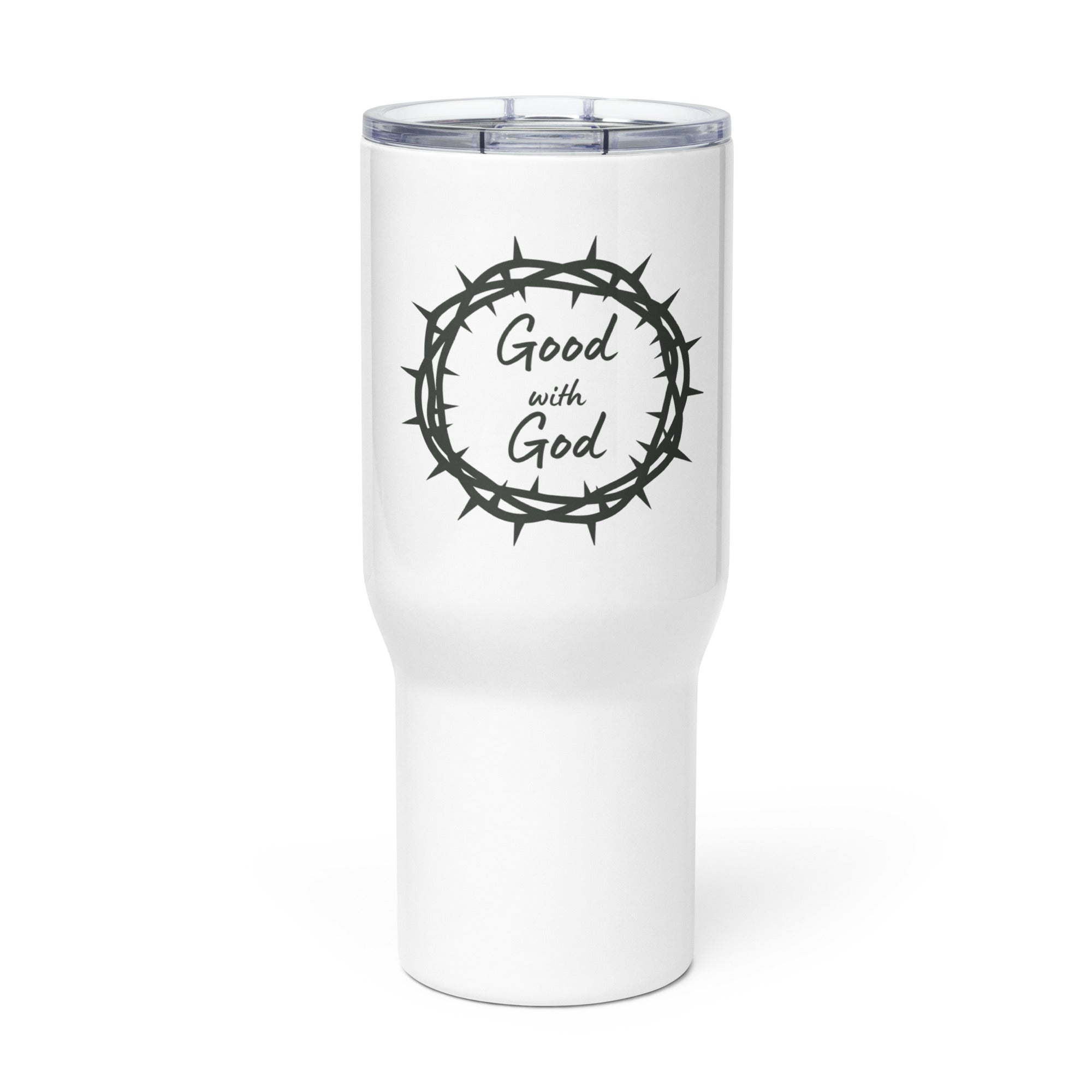 A white insulated travel tumbler with a clear lid, featuring a black graphic of a crown of thorns surrounding the words 'Good with God' in a circular design.