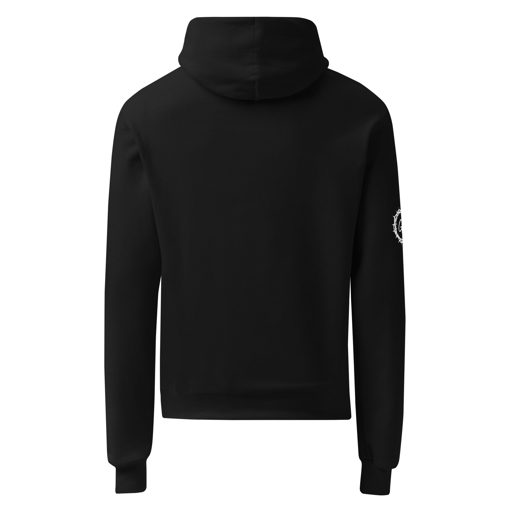 Back view of the black solid Unisex Champion Powerblend Hoodie showing relaxed fit and soft fleece hood.