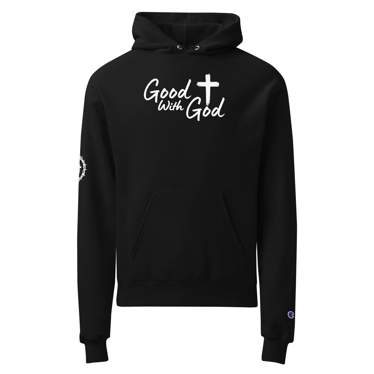 Front view of the black Good With God Champion Powerblend Hoodie featuring 'Good With God' script across the chest with a cross symbol and crown of thorns sleeve design.