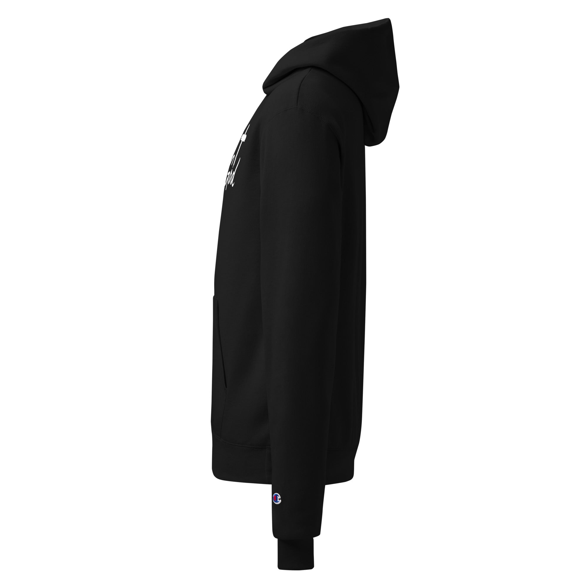 Side view of the black Unisex Champion Powerblend Hoodie showcasing the iconic Champion C logo embroidered on the left wrist cuff.