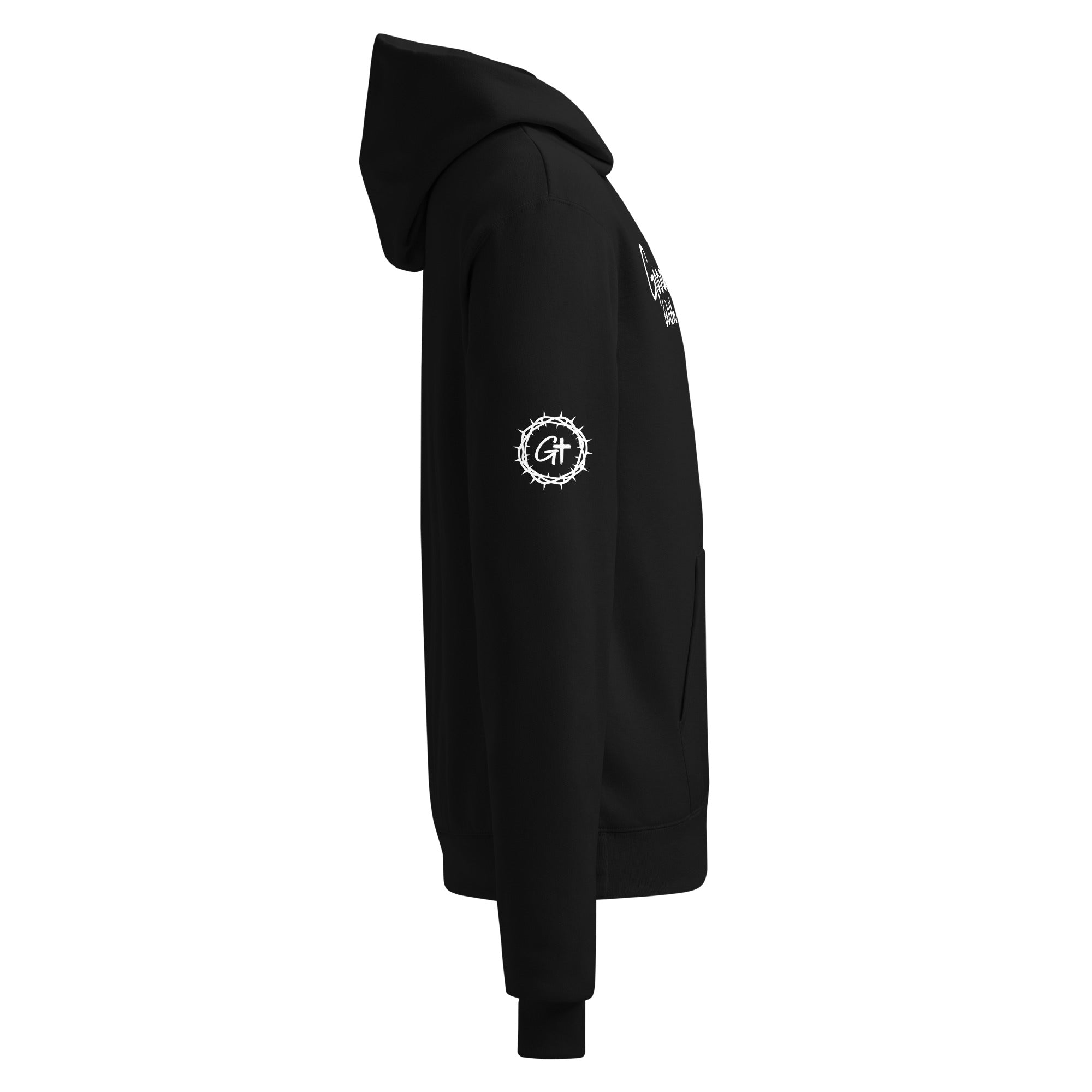 Side view of the black Champion hoodie highlighting the right sleeve with the Good With God crown of thorns and GT cross logo print.