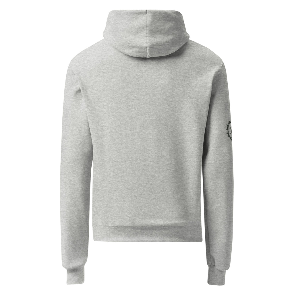 Back view of the heather grey solid Unisex Champion Powerblend Hoodie showing relaxed fit and soft fleece hood.