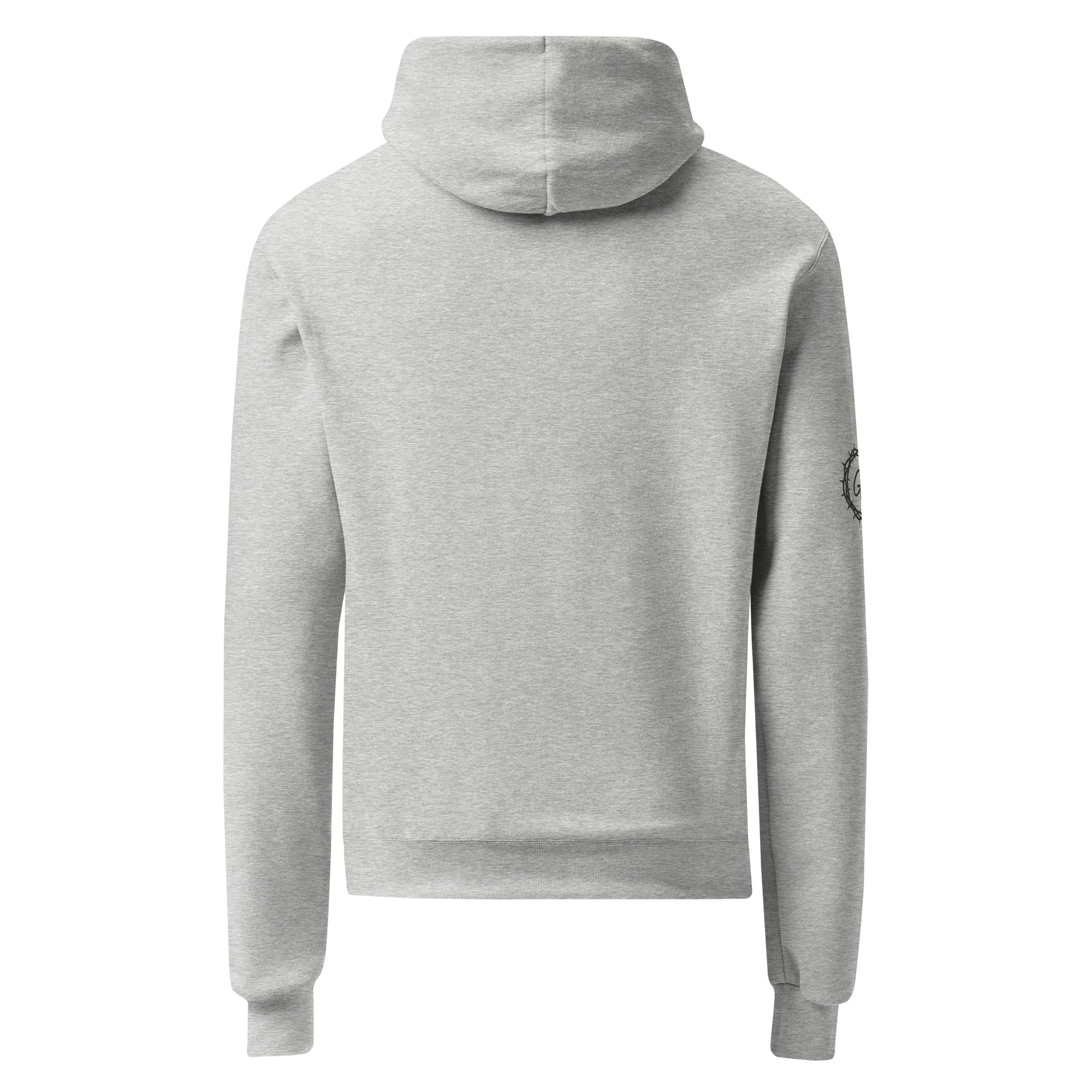 Back view of the heather grey solid Unisex Champion Powerblend Hoodie showing relaxed fit and soft fleece hood.