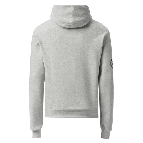 Back view of the heather grey solid Unisex Champion Powerblend Hoodie showing relaxed fit and soft fleece hood.