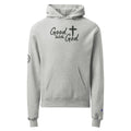 Front view of a heather gray Good With God Champion Powerblend Hoodie featuring 'Good With God' script across the chest with a cross symbol and crown of thorns sleeve design
