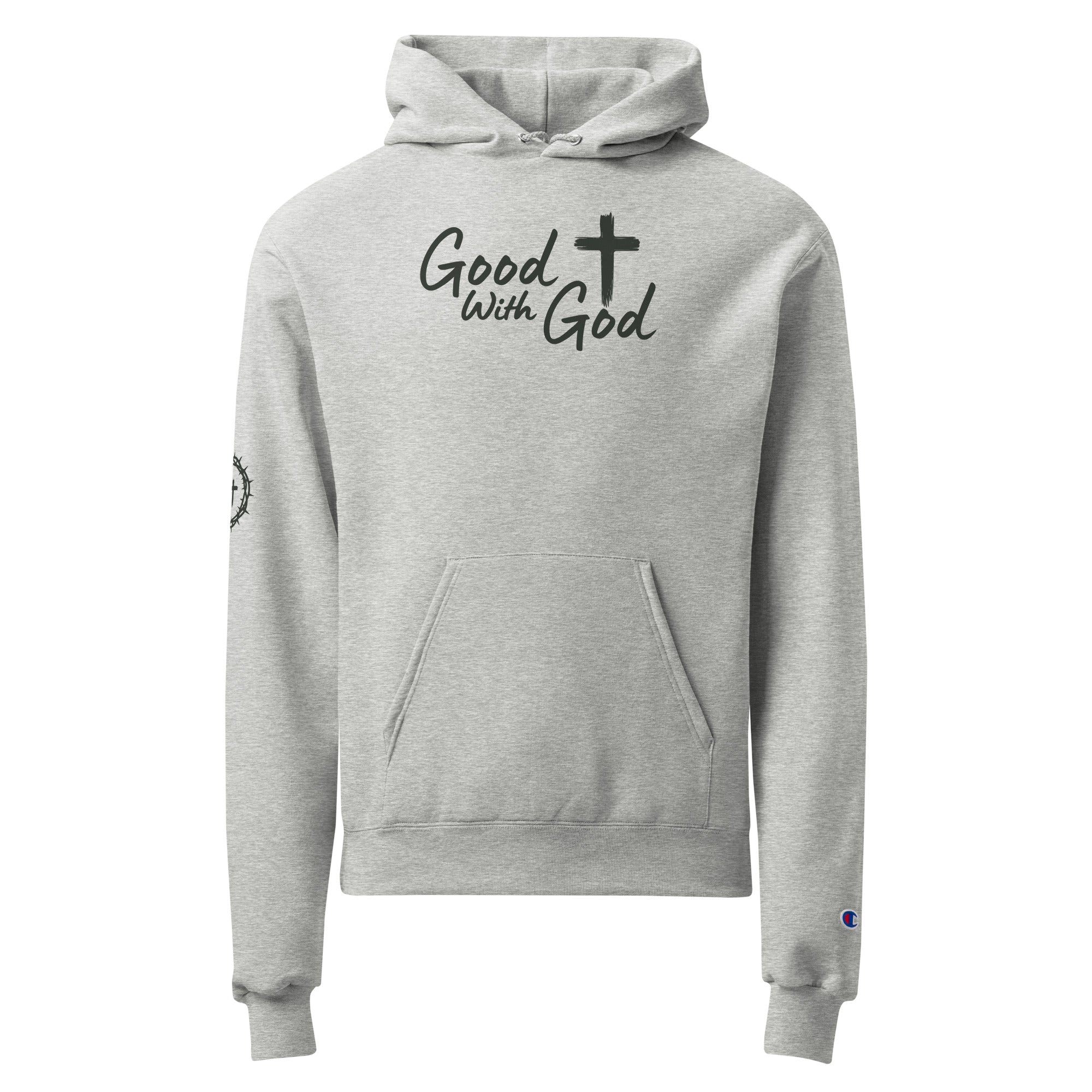 Front view of a heather gray Good With God Champion Powerblend Hoodie featuring 'Good With God' script across the chest with a cross symbol and crown of thorns sleeve design