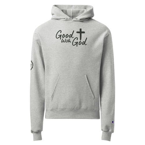 Front view of a heather gray Good With God Champion Powerblend Hoodie featuring 'Good With God' script across the chest with a cross symbol and crown of thorns sleeve design