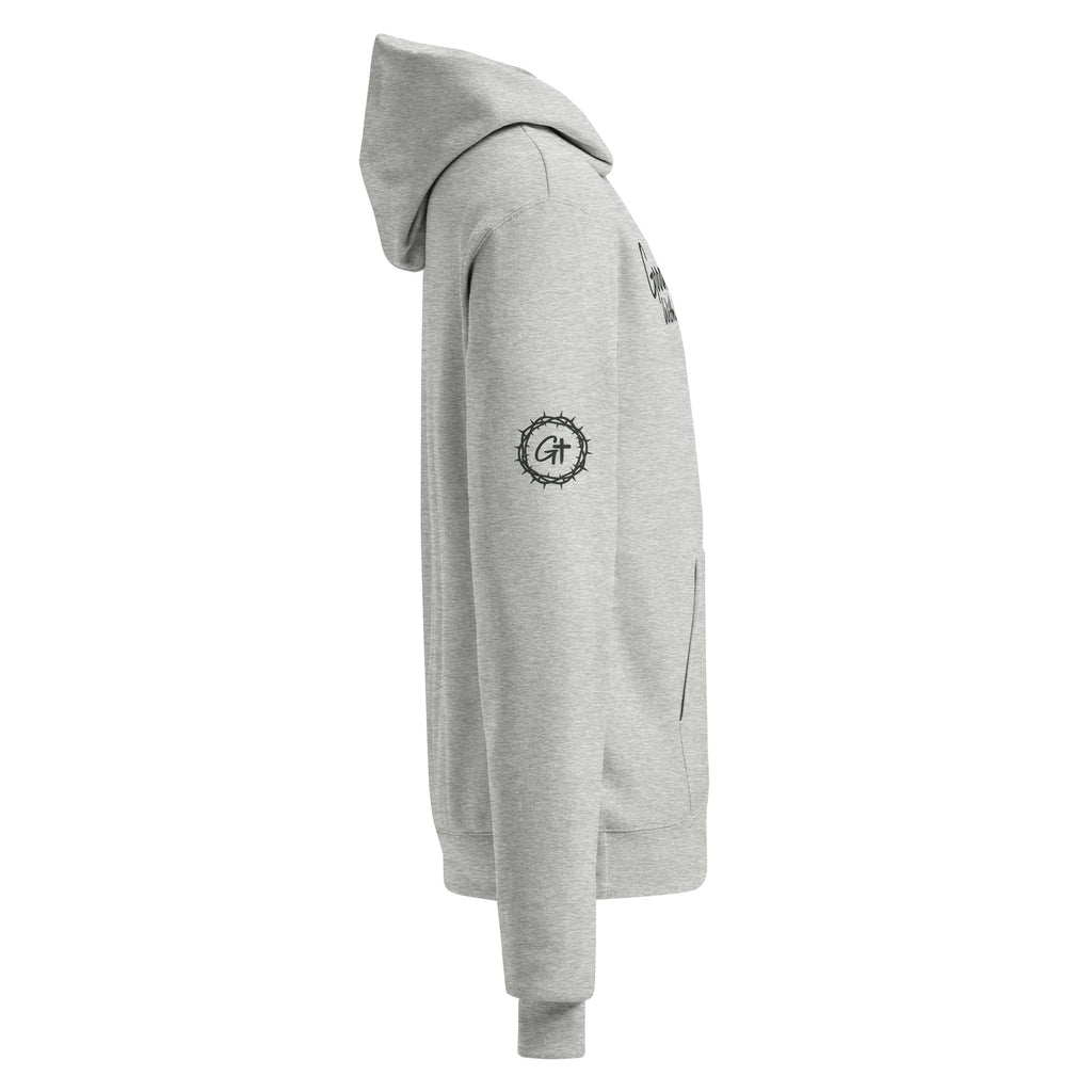 Side view of heather grey Champion hoodie highlighting the right sleeve with the Good With God crown of thorns and GT cross logo print.