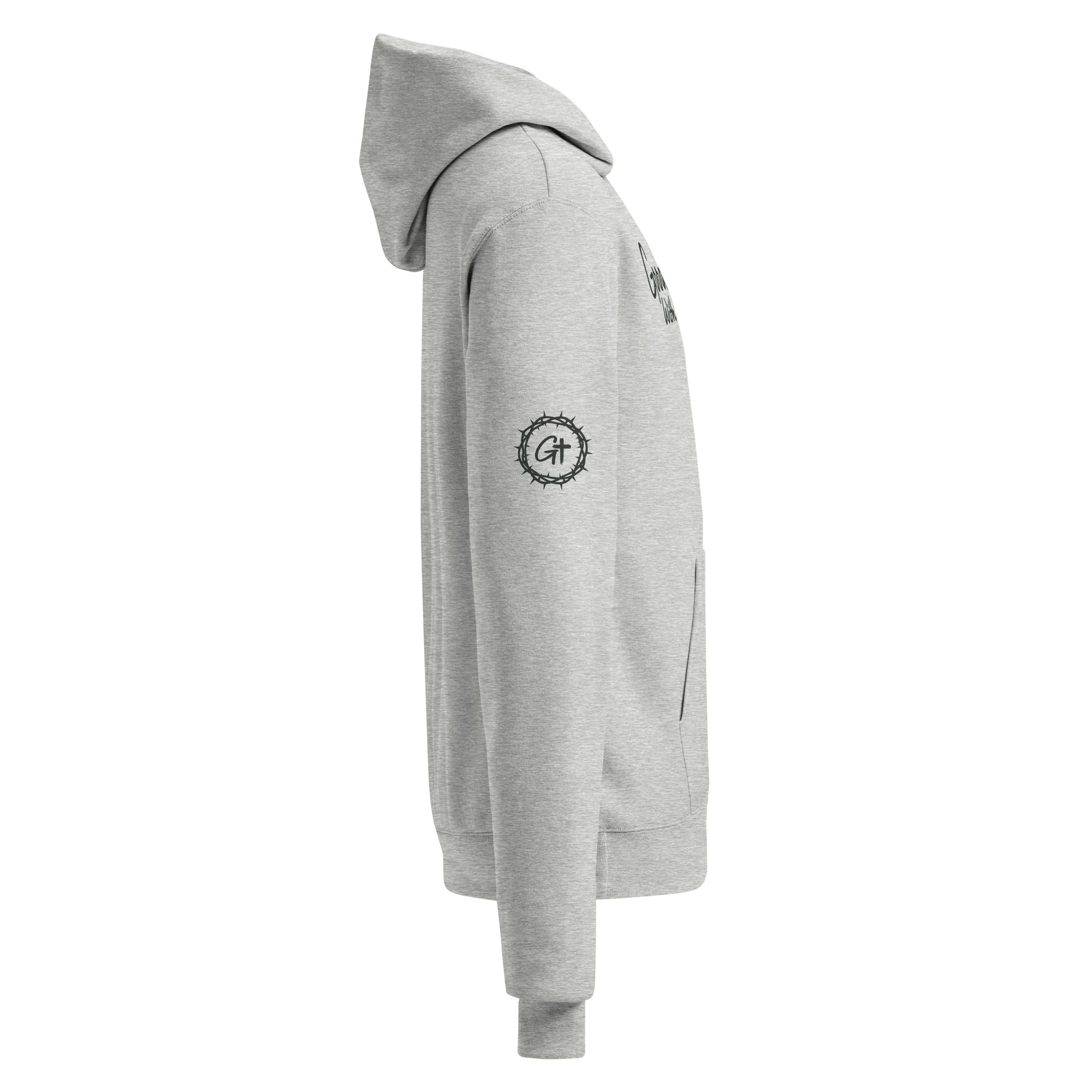 Side view of heather grey Champion hoodie highlighting the right sleeve with the Good With God crown of thorns and GT cross logo print.