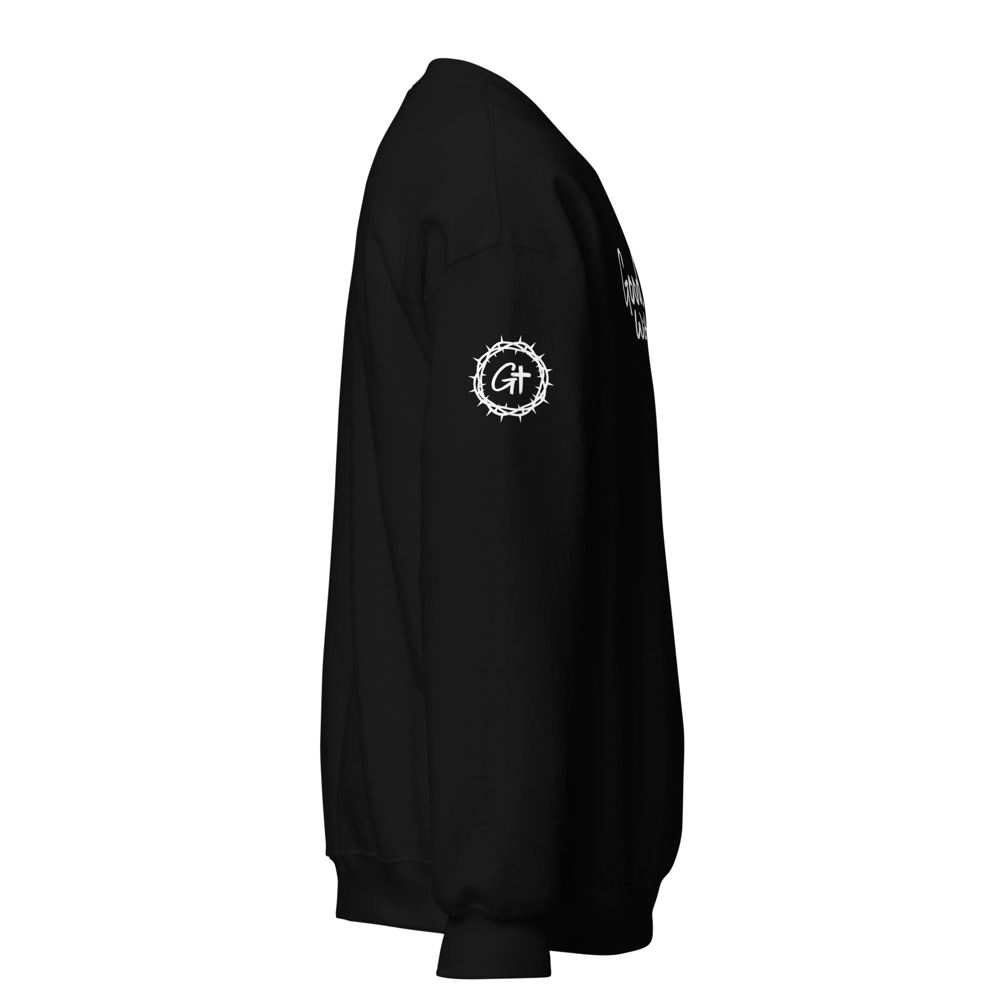 Right sleeve detail of black Good With God crew neck sweatshirt featuring printed white crown of thorns logo with cross.