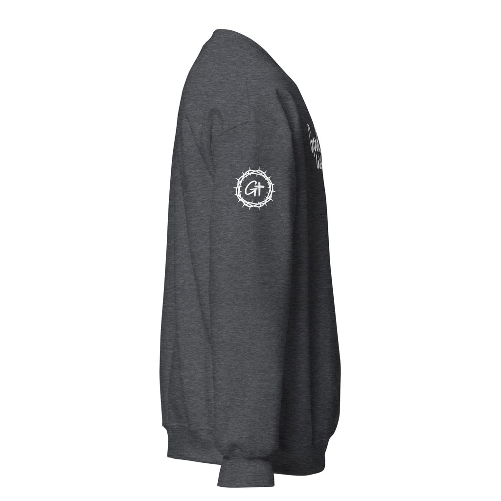 Right sleeve detail of gray Good With God crew neck sweatshirt featuring printed white crown of thorns logo with cross.