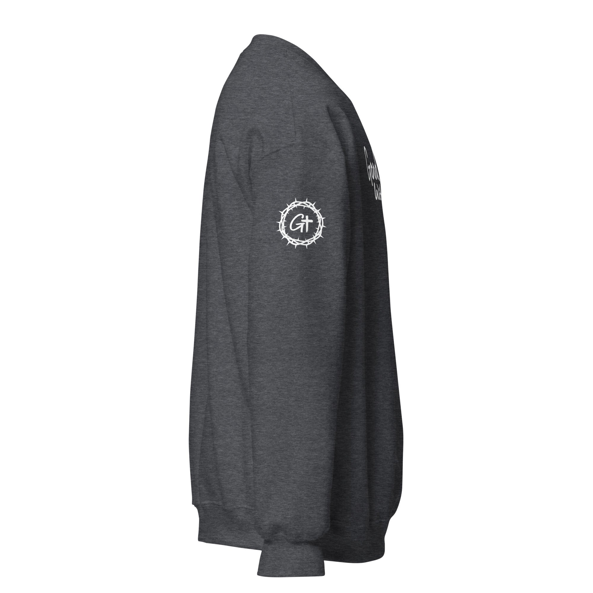 Right sleeve detail of gray Good With God crew neck sweatshirt featuring printed white crown of thorns logo with cross.