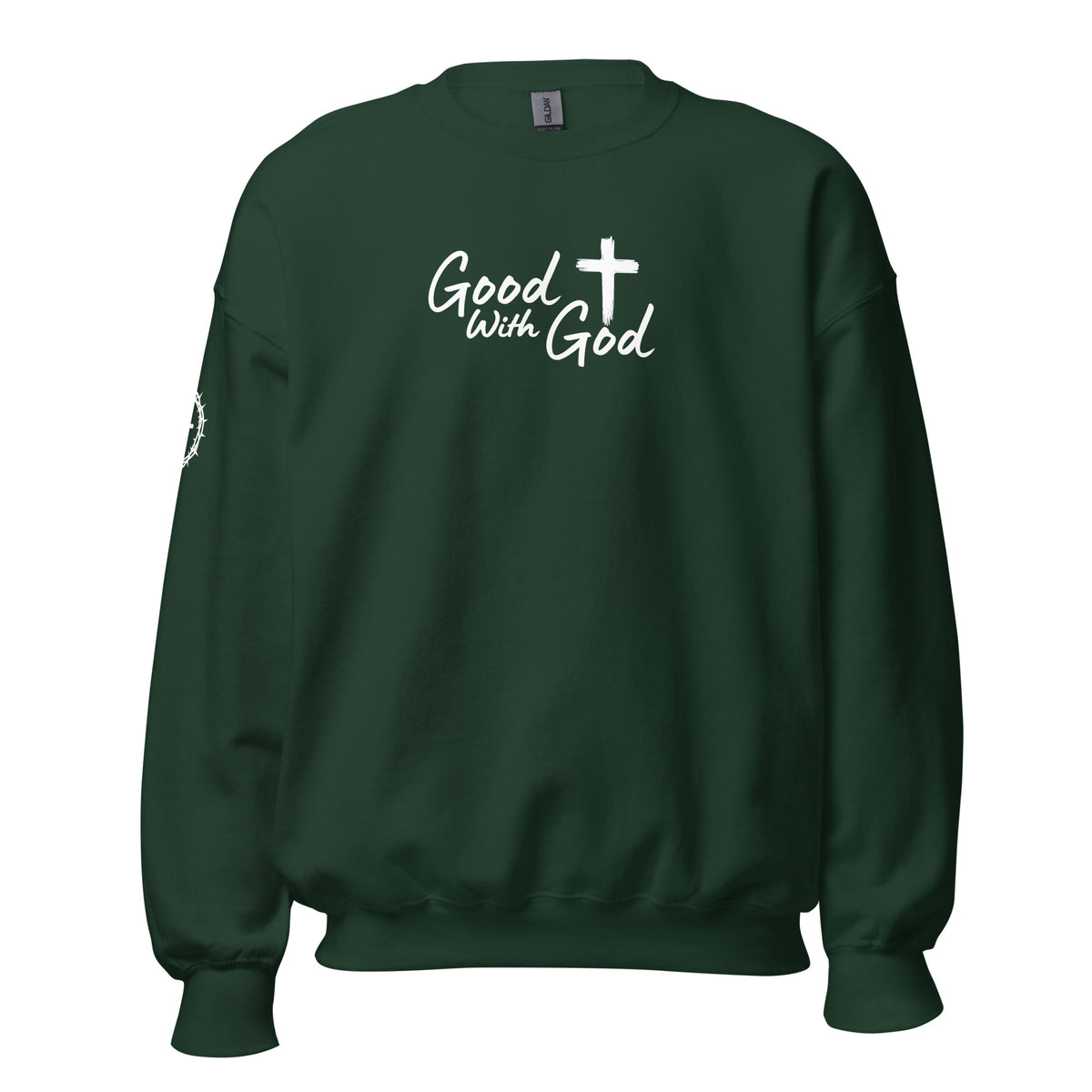 Front view of green unisex crew neck sweatshirt with white Good With God Christian typography and cross graphic on chest with crown of thorns detail on sleeve.