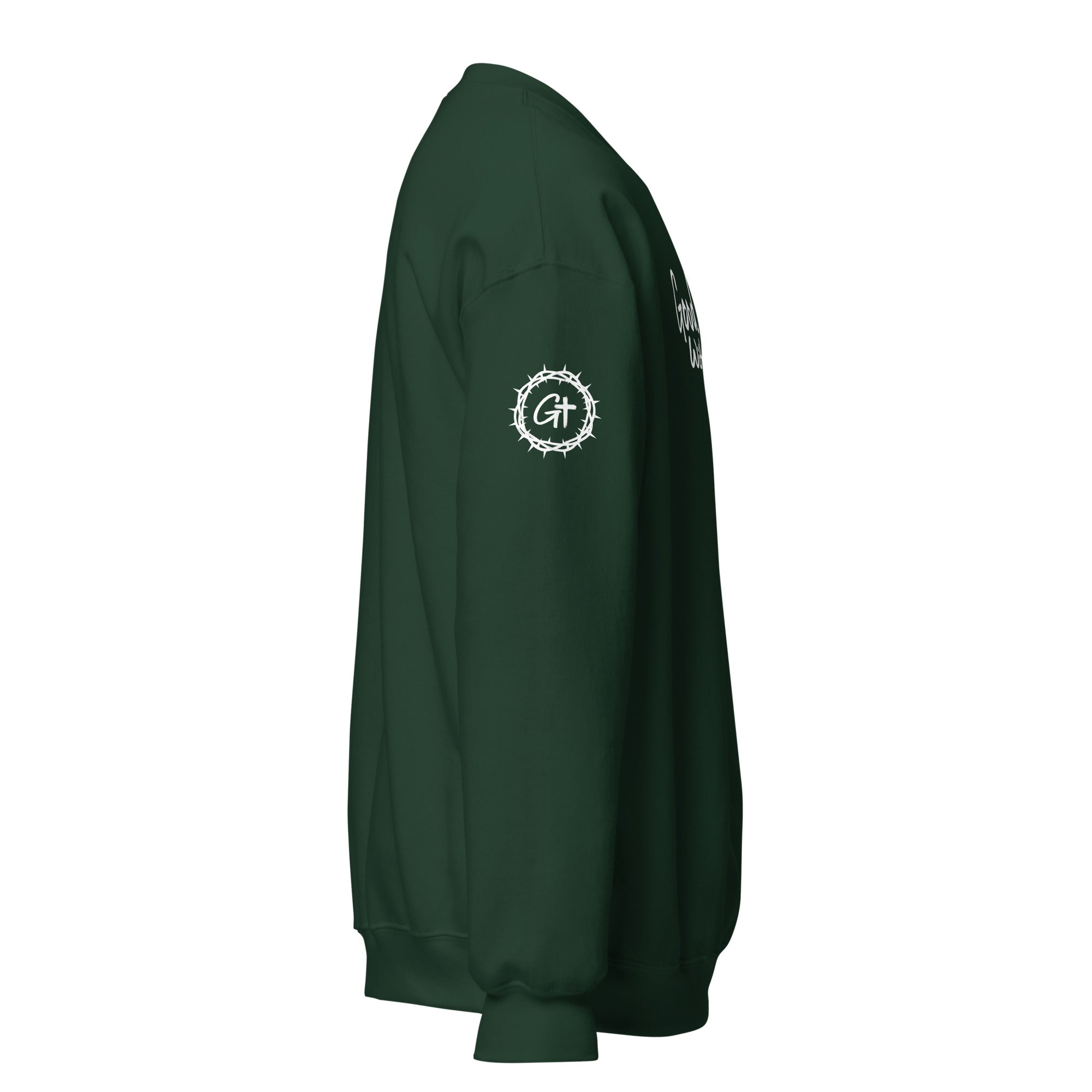 Right sleeve detail of green Good With God crew neck sweatshirt featuring printed white crown of thorns logo with cross.