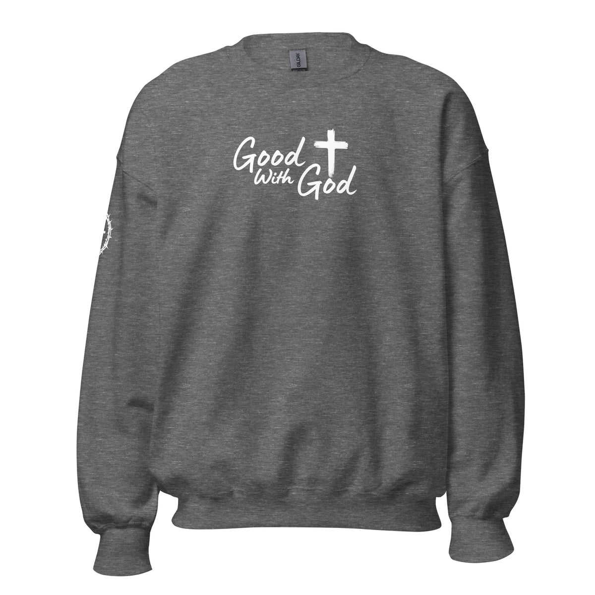 Front view of gray Heather unisex crew neck sweatshirt with white Good With God Christian typography and cross graphic on chest with crown of thorns detail on sleeve.