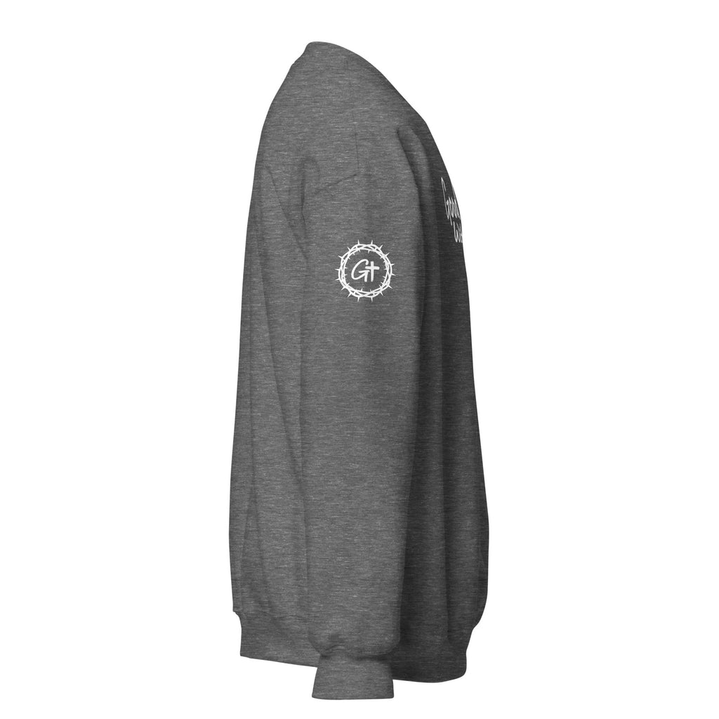 Right sleeve detail of gray heather Good With God crew neck sweatshirt featuring printed white crown of thorns logo with cross.