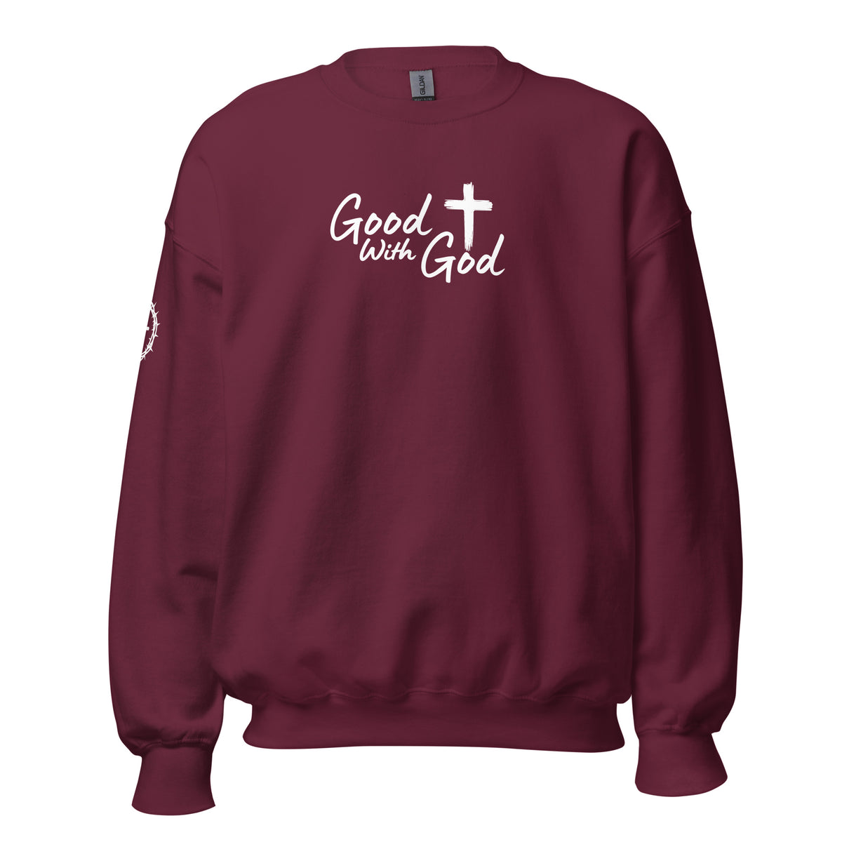 Front view of maroon unisex crew neck sweatshirt with white Good With God Christian typography and cross graphic on chest with crown of thorns detail on sleeve.