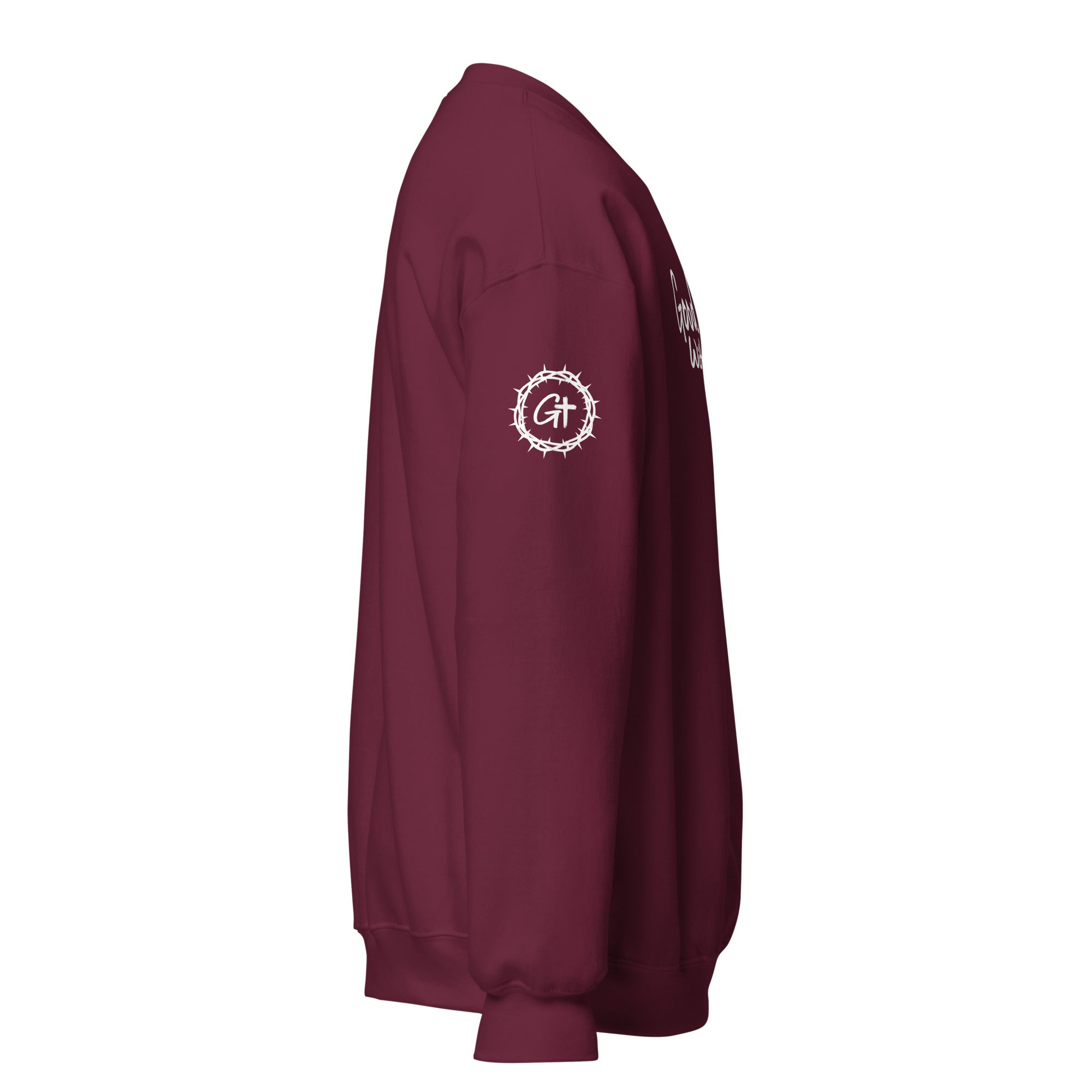 Product Right sleeve detail of maroon Good With God crew neck sweatshirt featuring printed white crown of thorns logo with cross.