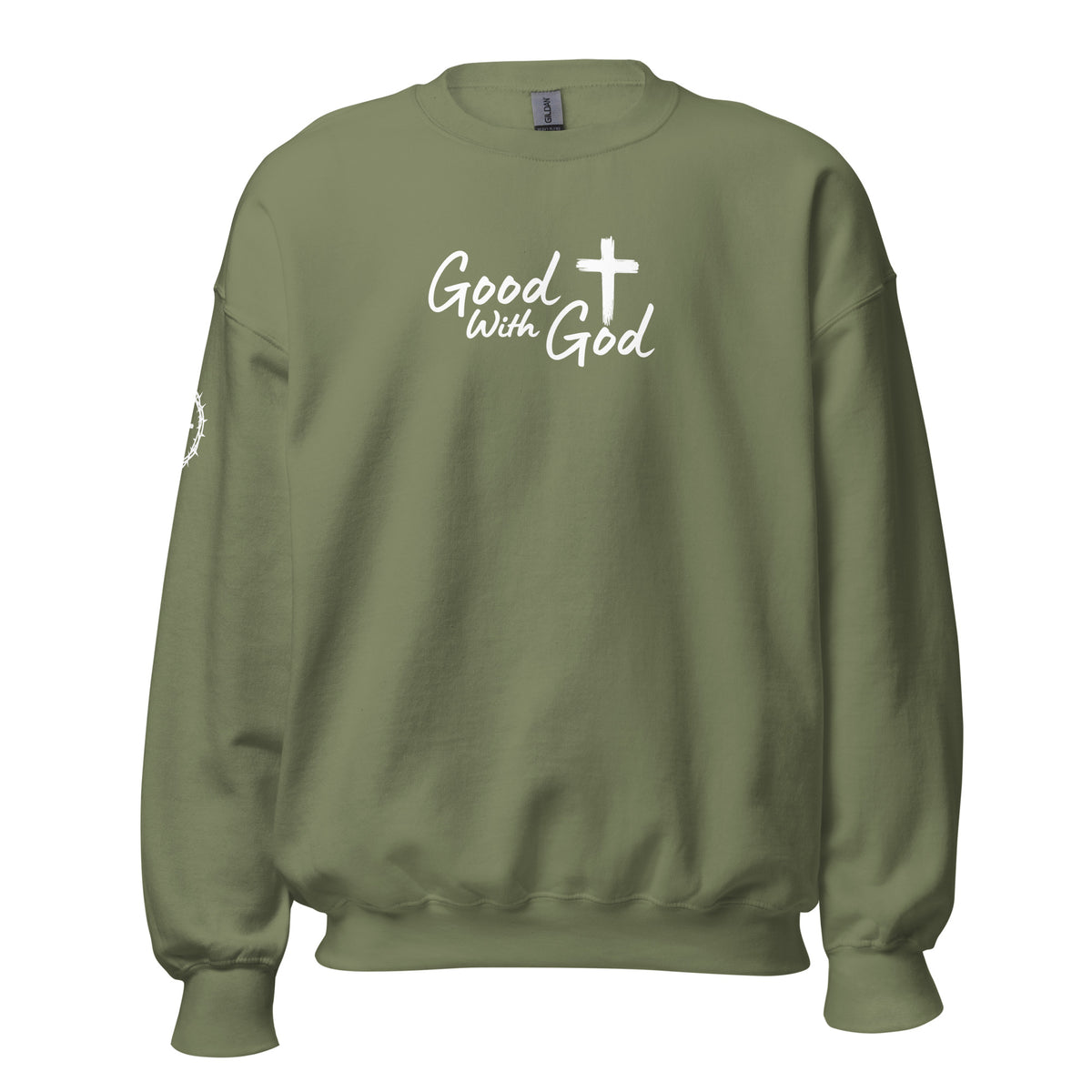 Front view of olive unisex crew neck sweatshirt with white Good With God Christian typography and cross graphic on chest with crown of thorns detail on sleeve.