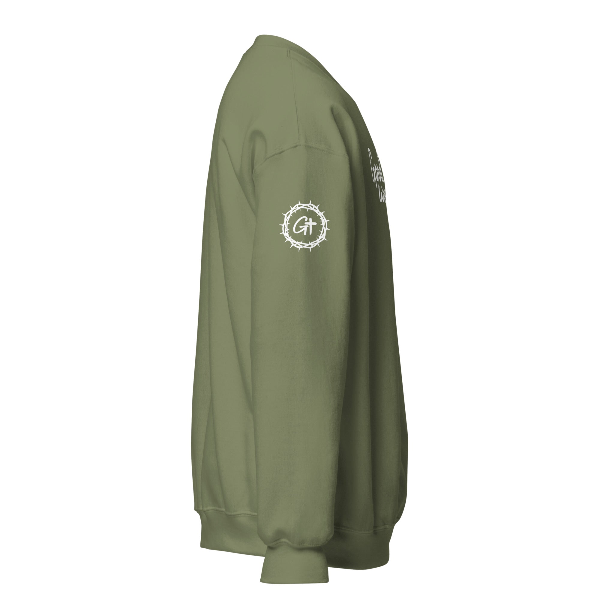 Right sleeve detail of olive Good With God crew neck sweatshirt featuring printed white crown of thorns logo with cross.