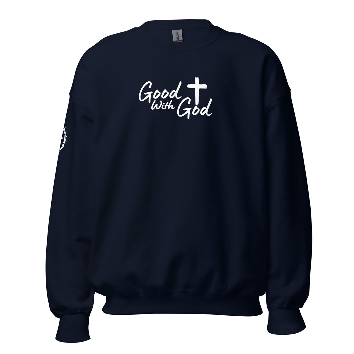 Front view of navy unisex crew neck sweatshirt with white Good With God Christian typography and cross graphic on chest with crown of thorns detail on sleeve.