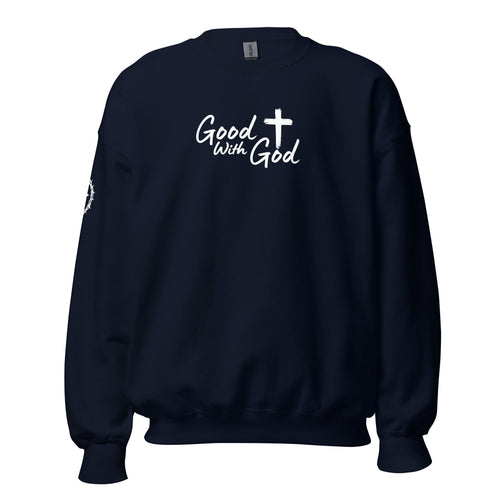 Front view of navy unisex crew neck sweatshirt with white Good With God Christian typography and cross graphic on chest with crown of thorns detail on sleeve.