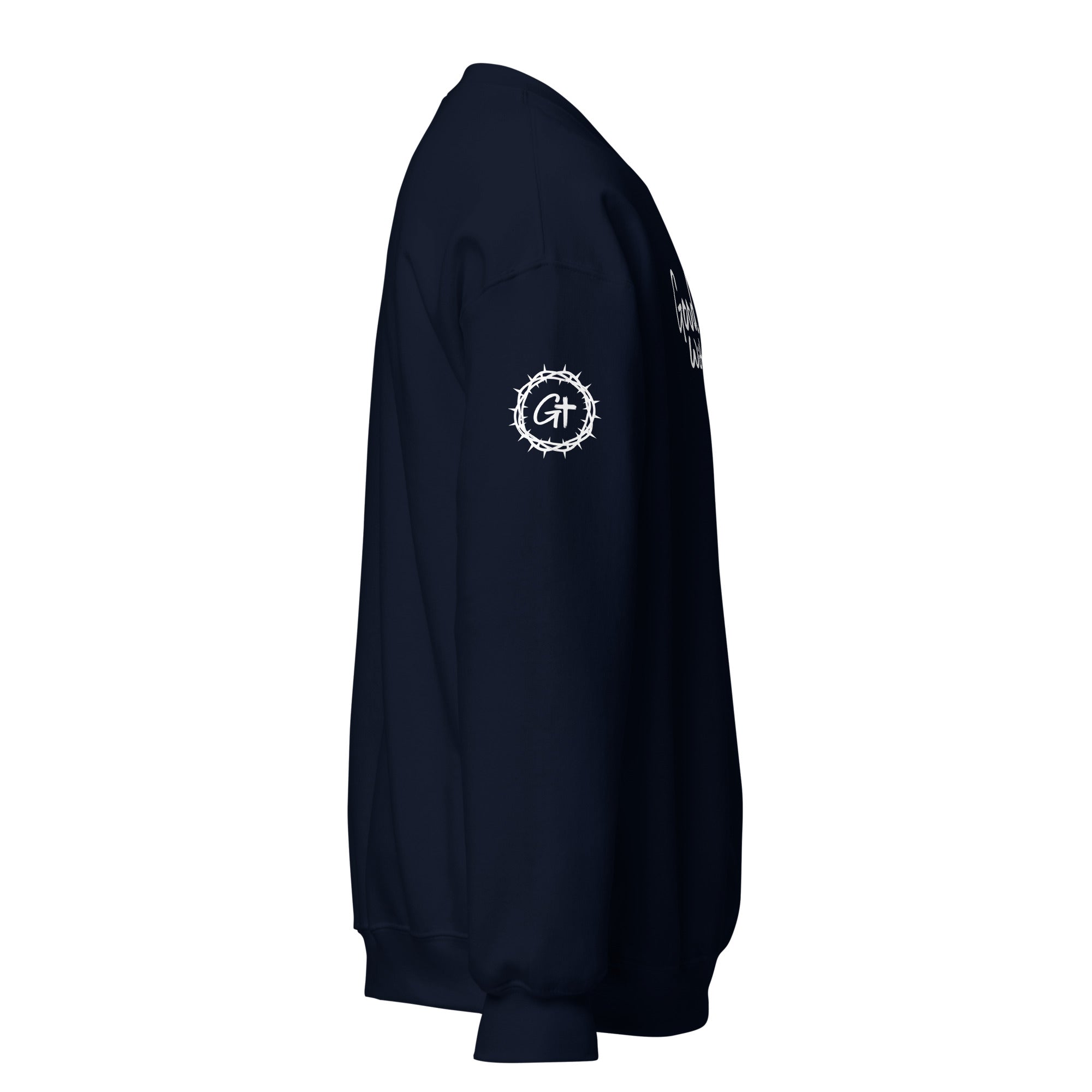Right sleeve detail of navy Good With God crew neck sweatshirt featuring printed white crown of thorns logo with cross.
