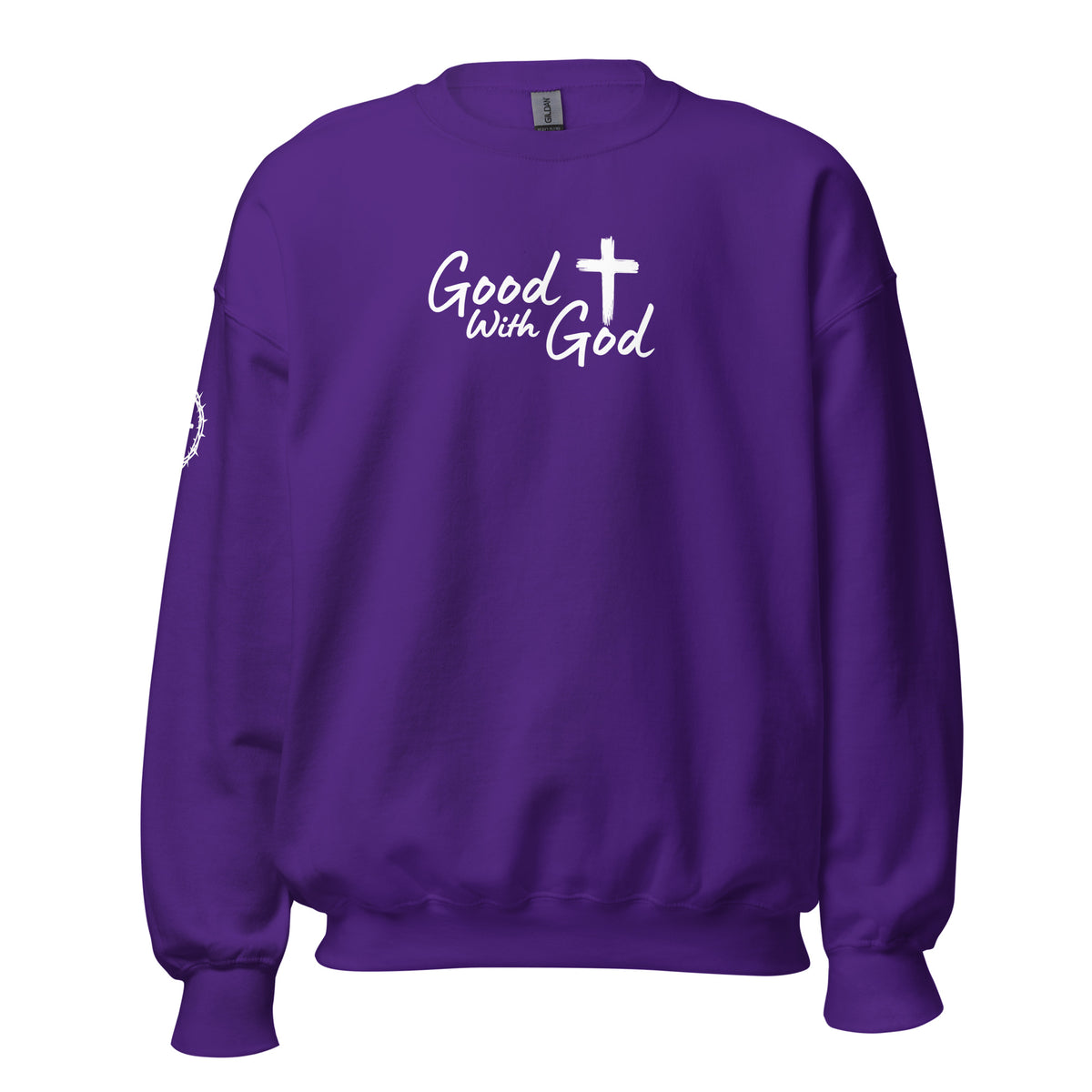 Front view of purple unisex crew neck sweatshirt with white Good With God Christian typography and cross graphic on chest with crown of thorns detail on sleeve.