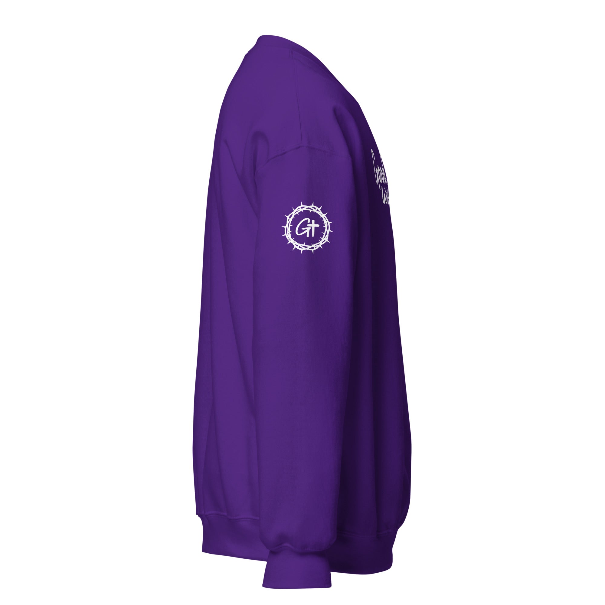 Right sleeve detail of purple Good With God crew neck sweatshirt featuring printed white crown of thorns logo with cross.